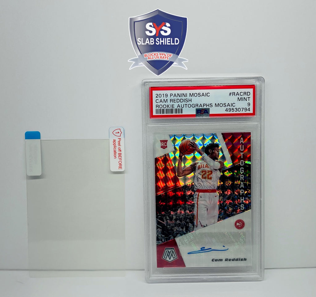 A UV Shield that protects graded cards from sunlight damage alongside a PSA graded slab with a Show Your Slabs Slabshield logo over top