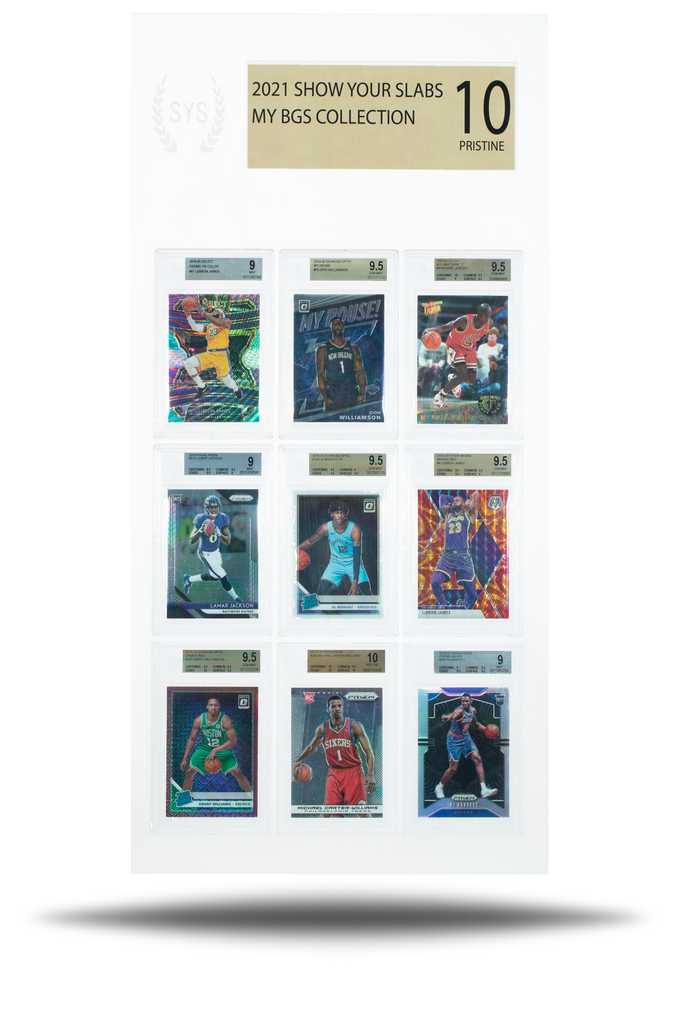 Picture of a filled 9 card display of graded BGS cards with a custom header resembling the BGS tag