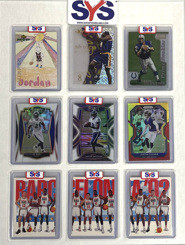 Show Your Slabs display of 9 sports trading cards in top loading cases in a display