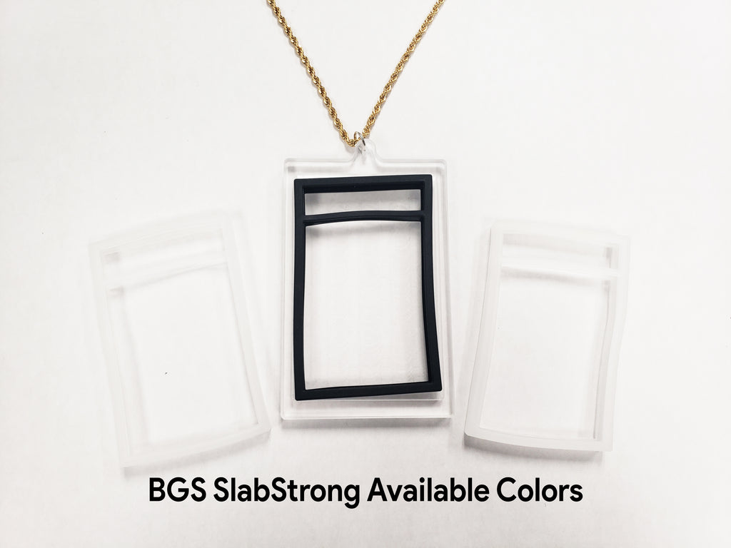 A single card display worn around the neck with various slab strong color variants, rubber that goes around graded cards and protects their edges, BGS version